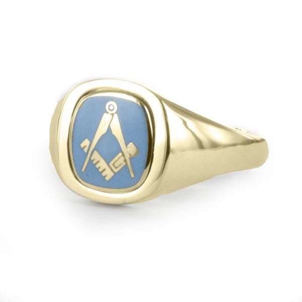 Light Blue Reversible Cushion Head Solid Gold Square and Compass Masonic Ring - Hamilton & Lewis Jewellery