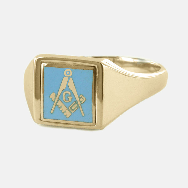 Light Blue Reversible Square Head Solid Gold Square and Compass with G Masonic Ring - Hamilton & Lewis Jewellery