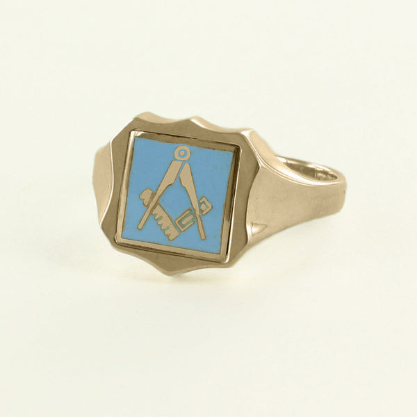 Light Blue Reversible Shield Head Solid Gold Square and Compass Masonic Ring - Hamilton & Lewis Jewellery