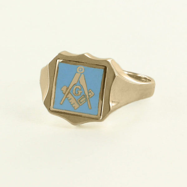 Light Blue Reversible Shield Head Solid Gold Square and Compass with G Masonic Ring - Hamilton & Lewis Jewellery