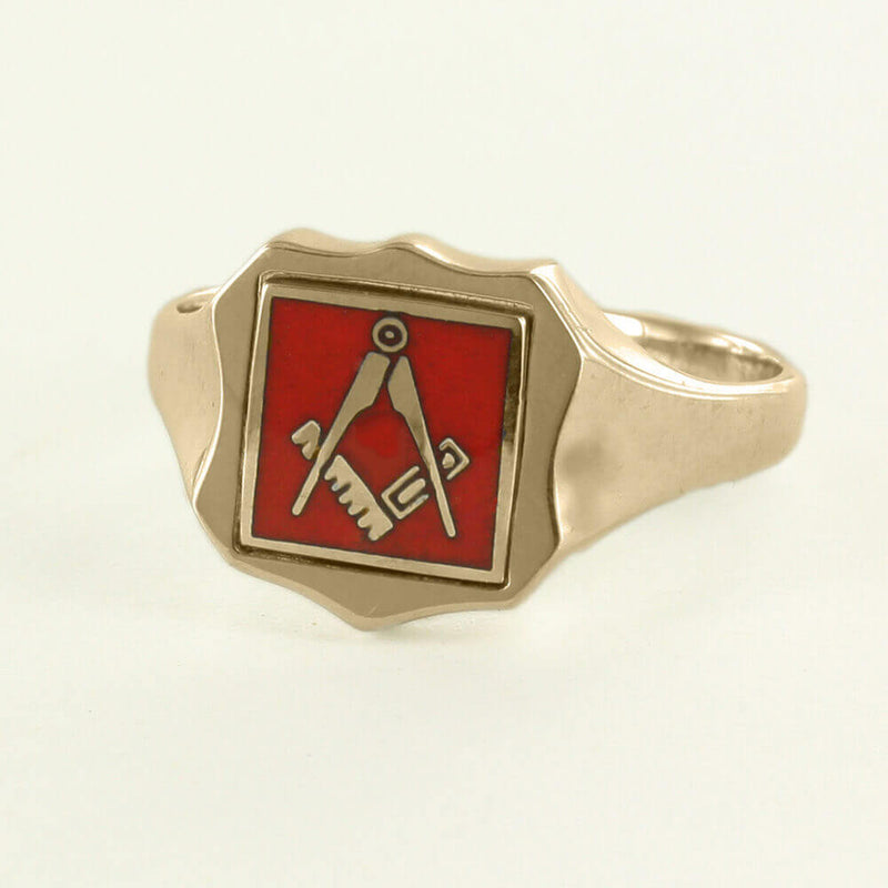 Red Reversible Shield Head Solid Gold Square and Compass Masonic Ring - Hamilton & Lewis Jewellery