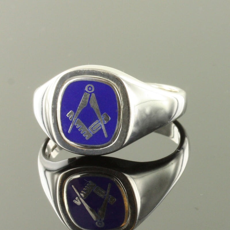 Blue Reversible Cushion Head Solid Silver Square and Compass Masonic Ring - Hamilton & Lewis Jewellery