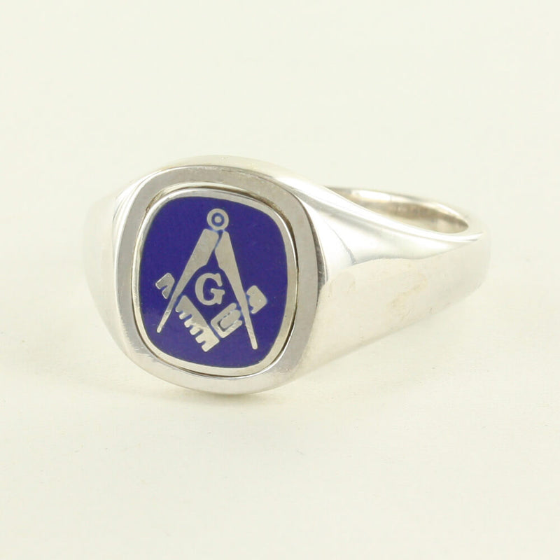 Blue Reversible Cushion Head Solid Silver Square and Compass with G Masonic Ring - Hamilton & Lewis Jewellery
