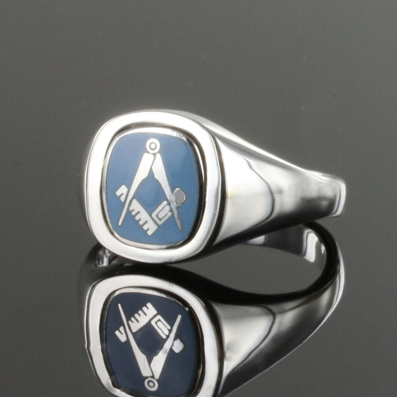 Light Blue Reversible Cushion Head Solid Silver Square and Compass Masonic Ring - Hamilton & Lewis Jewellery