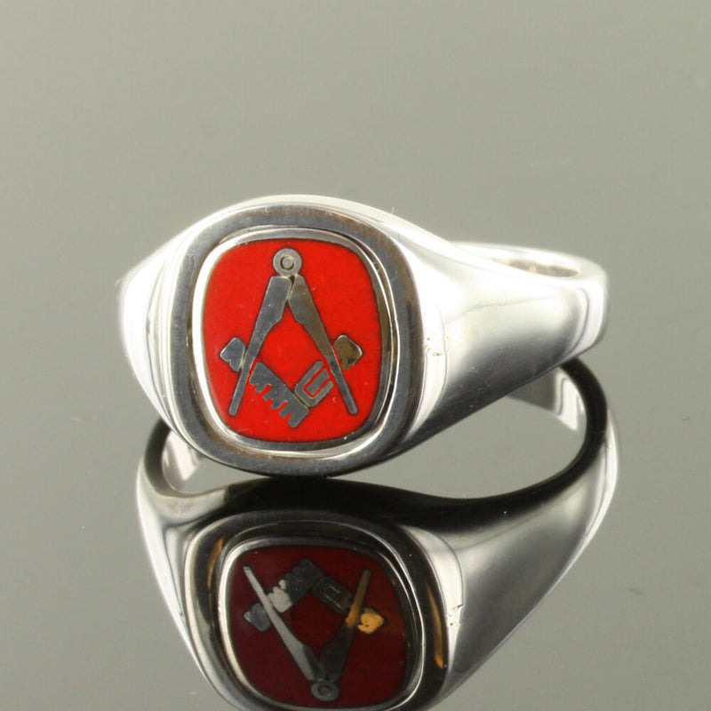 Red Reversible Cushion Head Solid Silver Square and Compass Masonic Ring - Hamilton & Lewis Jewellery