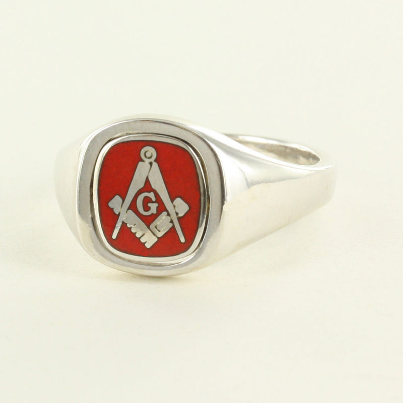 Red Reversible Cushion Head Solid Silver Square and Compass with G Masonic Ring - Hamilton & Lewis Jewellery