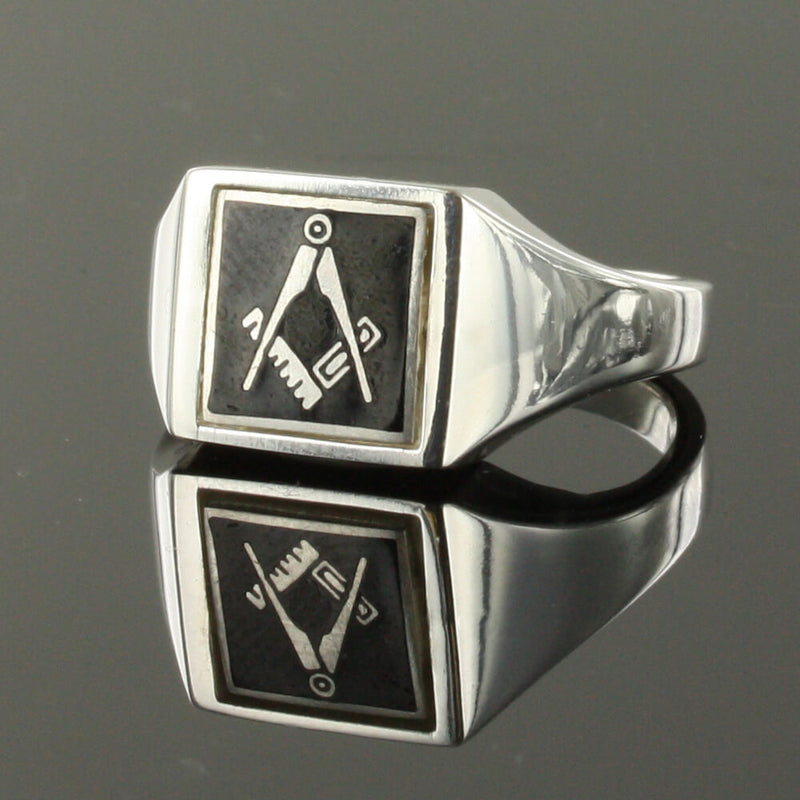 Black Reversible Square Head Solid Silver Square and Compass Masonic Ring - Hamilton & Lewis Jewellery