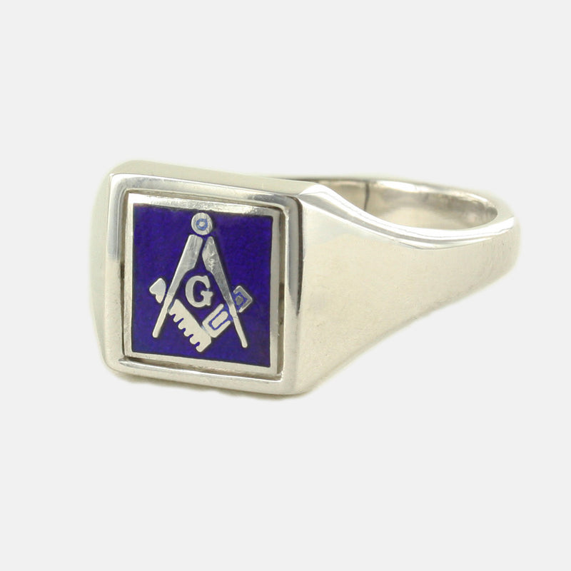 Blue Reversible Square Head Solid Silver Square and Compass with G Masonic Ring - Hamilton & Lewis Jewellery