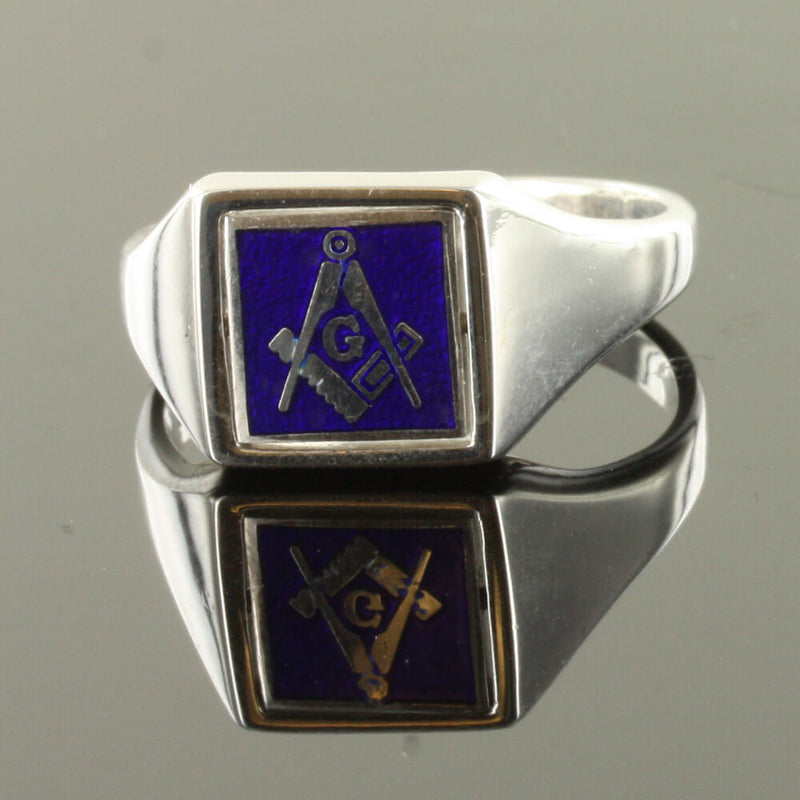 Blue Reversible Square Head Solid Silver Square and Compass with G Masonic Ring - Hamilton & Lewis Jewellery