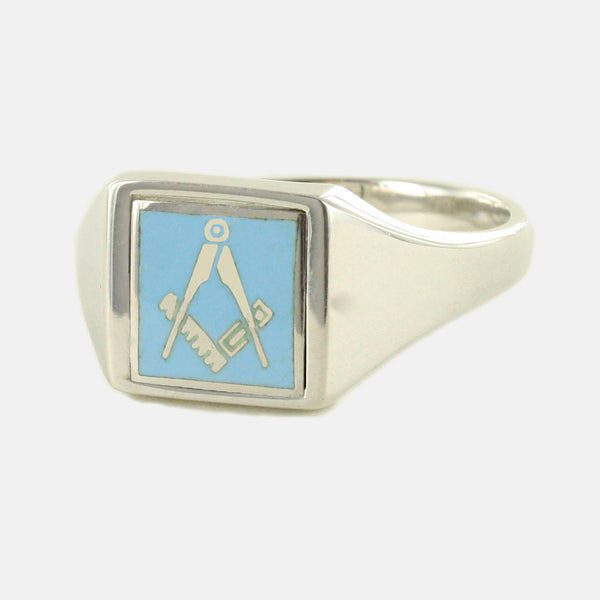 Light Blue Reversible Square Head Solid Silver Square and Compass Masonic Ring - Hamilton & Lewis Jewellery