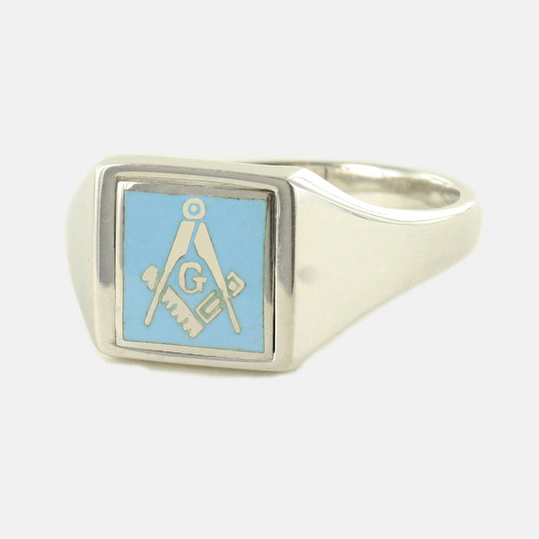 Light Blue Reversible Square Head Solid Silver Square and Compass with G Masonic Ring - Hamilton & Lewis Jewellery