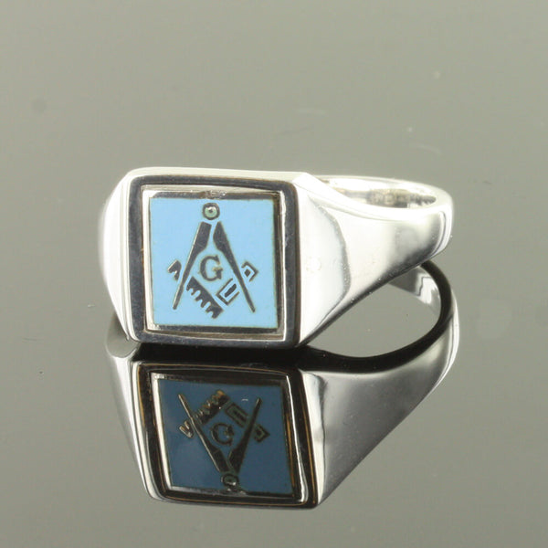 Light Blue Reversible Square Head Solid Silver Square and Compass with G Masonic Ring - Hamilton & Lewis Jewellery