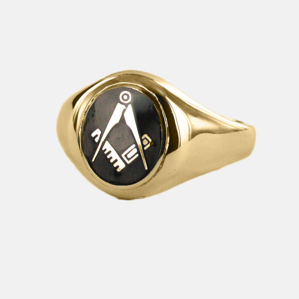 Gold Square And Compass Oval Head Masonic Ring (Black)- Fixed Head - Hamilton & Lewis Jewellery