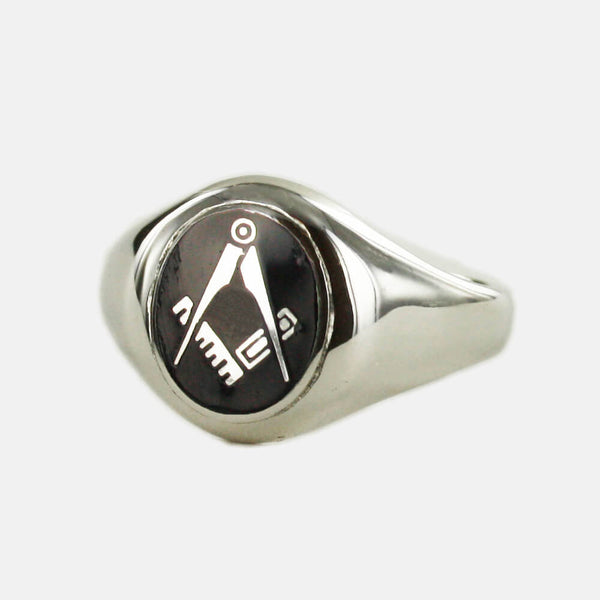 Silver Oval Head with Black Enamel Square And Compass Masonic Ring- Fixed Head - Hamilton & Lewis Jewellery