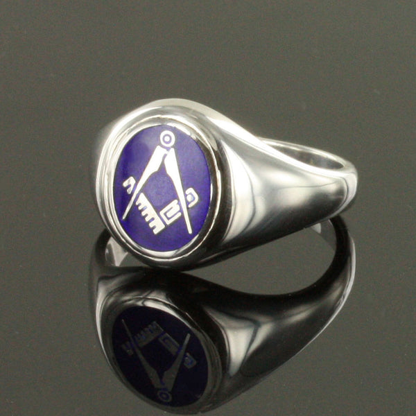 Silver Oval Head with Blue Enamel Square And Compass Masonic Ring- Fixed Head - Hamilton & Lewis Jewellery