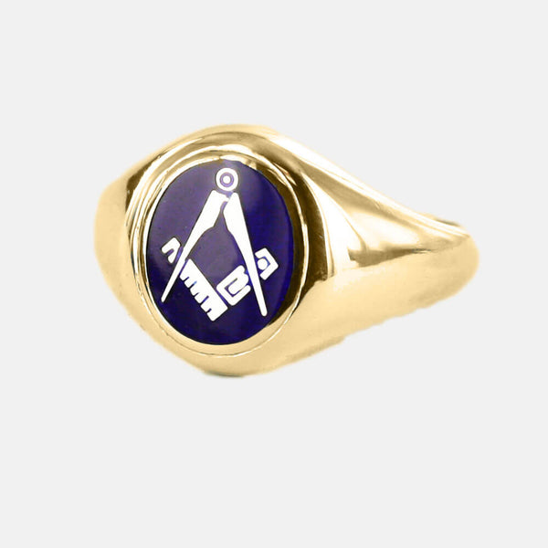 Gold Square And Compass Oval Head Masonic Ring (Blue)- Fixed Head - Hamilton & Lewis Jewellery