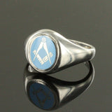 Silver Oval Head with Light Blue Enamel Square And Compass Masonic Ring- Fixed Head - Hamilton & Lewis Jewellery