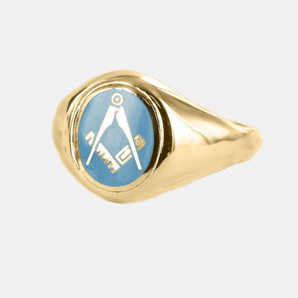 Gold Square And Compass Oval Head Masonic Ring (Light Blue)- Fixed Head - Hamilton & Lewis Jewellery