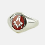 Silver Oval Head with Red Enamel Square And Compass Masonic Ring- Fixed Head - Hamilton & Lewis Jewellery