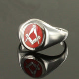 Silver Oval Head with Red Enamel Square And Compass Masonic Ring- Fixed Head - Hamilton & Lewis Jewellery