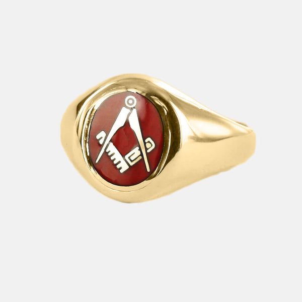 Gold Square And Compass Oval Head Masonic Ring (Red)- Fixed Head - Hamilton & Lewis Jewellery