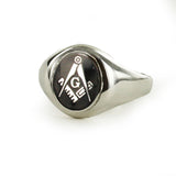 Silver Square And Compass with G Oval Head Masonic Ring (Black)- Fixed Head - Hamilton & Lewis Jewellery