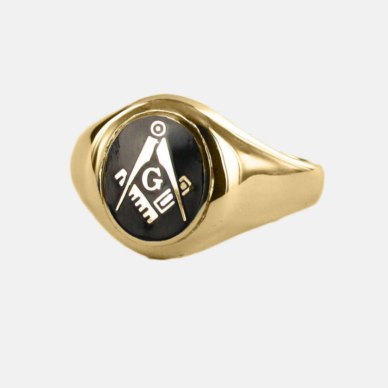 Gold Square And Compass with G Oval Head Masonic Ring (Black)- Fixed Head - Hamilton & Lewis Jewellery
