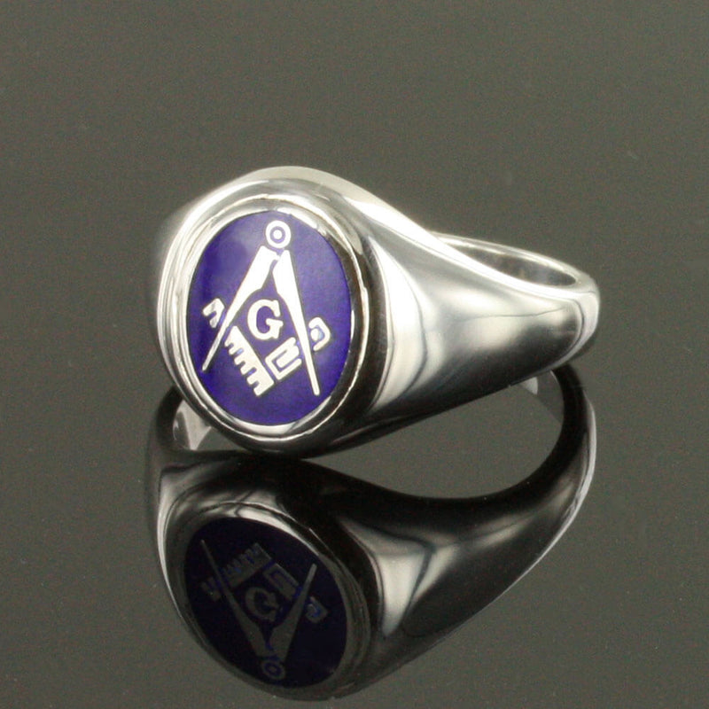 Silver Square And Compass with G Oval Head Masonic Ring (Blue)- Fixed Head - Hamilton & Lewis Jewellery