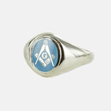 Silver Square And Compass with G Oval Head Masonic Ring (Light Blue)- Fixed Head - Hamilton & Lewis Jewellery