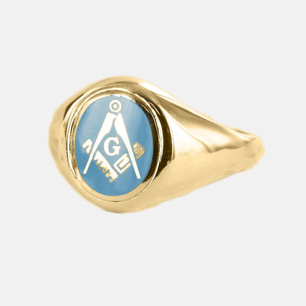 Gold Square And Compass with G Oval Head Masonic Ring (Light Blue)- Fixed Head - Hamilton & Lewis Jewellery