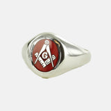 Silver Square And Compass with G Oval Head Masonic Ring (Red)- Fixed Head - Hamilton & Lewis Jewellery