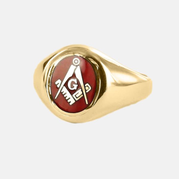 Gold Square And Compass with G Oval Head Masonic Ring (Red)- Fixed Head - Hamilton & Lewis Jewellery
