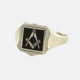 Black Reversible Shield Head Solid Silver Square and Compass Masonic Ring - Hamilton & Lewis Jewellery