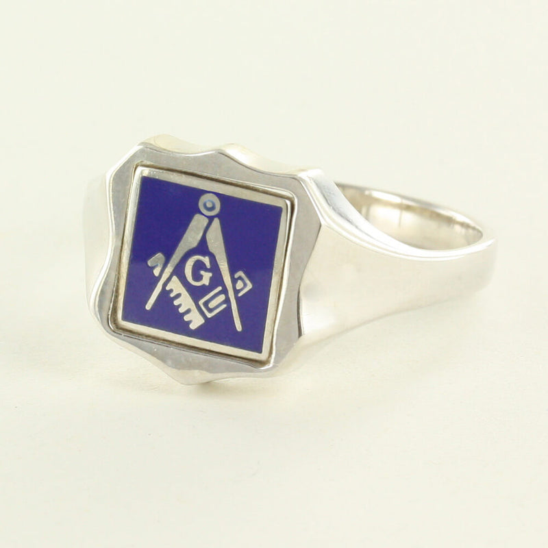 Blue Reversible Shield Head Solid Silver Square and Compass with G Masonic Ring - Hamilton & Lewis Jewellery