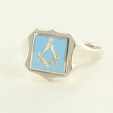 Light Blue Reversible Shield Head Solid Silver Square and Compass Masonic Ring - Hamilton & Lewis Jewellery