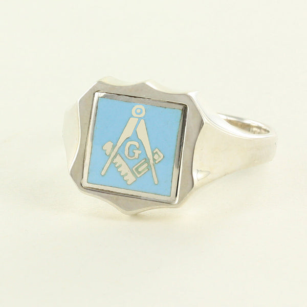 Light Blue Reversible Shield Head Solid Silver Square and Compass with G Masonic Ring - Hamilton & Lewis Jewellery