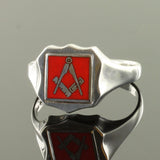 Red Reversible Shield Head Solid Silver Square and Compass Masonic Ring - Hamilton & Lewis Jewellery