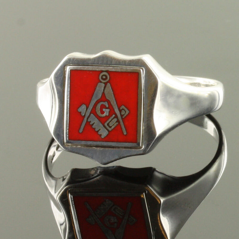 Red Reversible Shield Head Solid Silver Square and Compass with G Masonic Ring - Hamilton & Lewis Jewellery