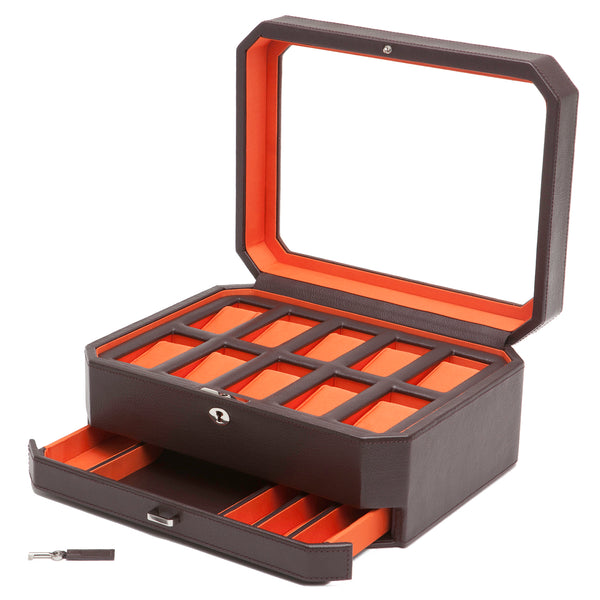 Wolf 10 Piece Brown/Orange Windsor Watch Box with Drawer 458606 - Hamilton & Lewis Jewellery