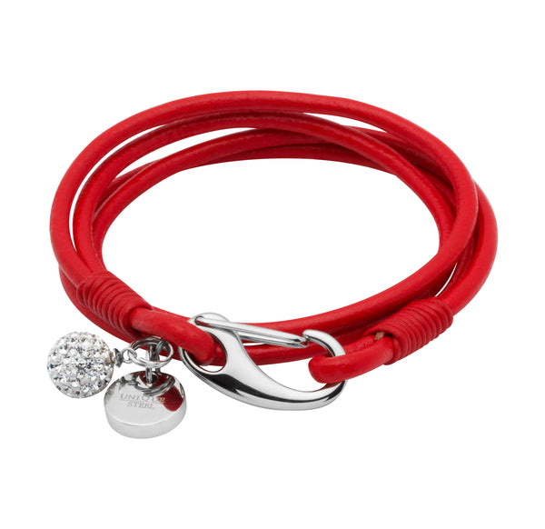 Unique & Co Ladies Red Leather Bracelet B152RE - Hamilton & Lewis Jewellery