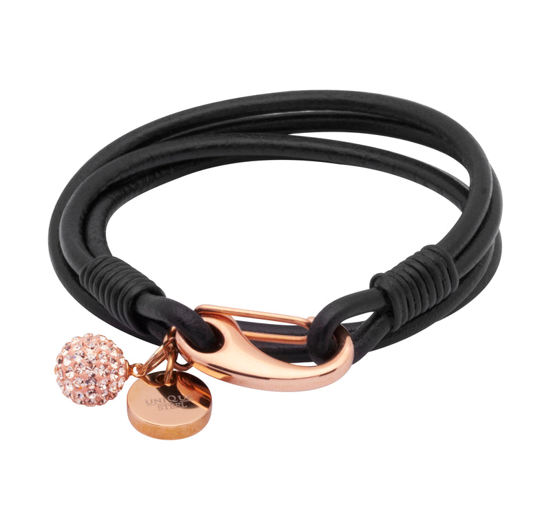 Unique & Co Ladies Black Leather Bracelet B153BL - Hamilton & Lewis Jewellery