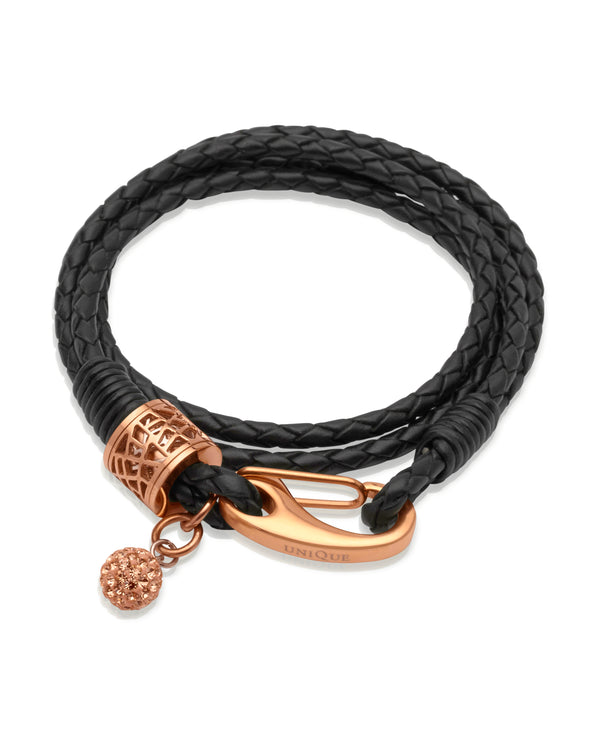Unique & Co Ladies Black Leather Bracelet B218BL - Hamilton & Lewis Jewellery