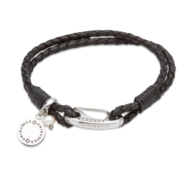 Unique & Co Ladies Black Leather Bracelet B328BL - Hamilton & Lewis Jewellery