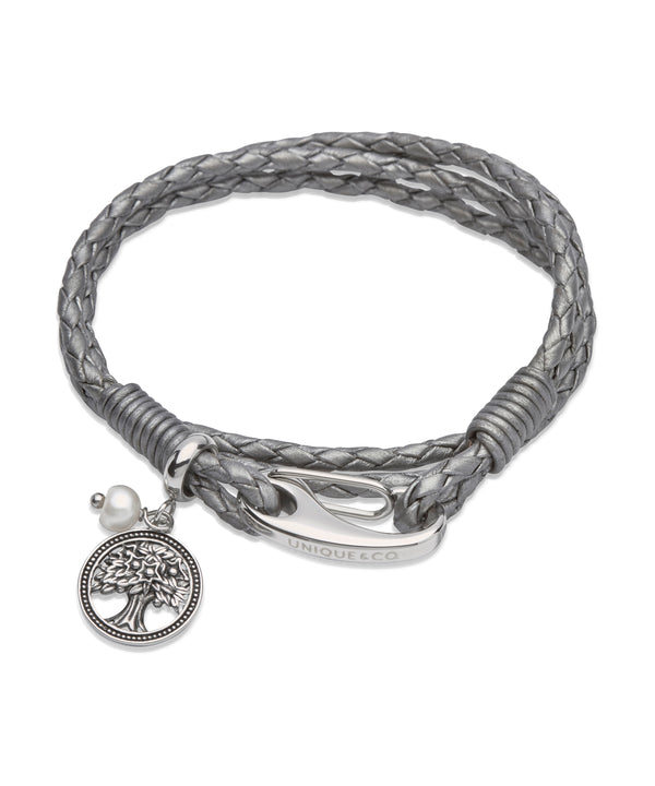Unique & Co Ladies Silver Grey Leather Bracelet B337SG - Hamilton & Lewis Jewellery