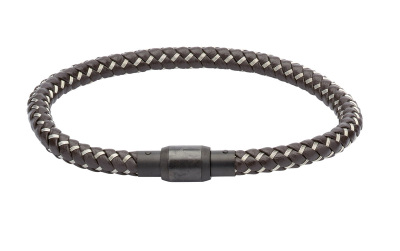 Unique & Co Dark Brown Leather and Steel Wire Bracelet B343DB - Hamilton & Lewis Jewellery
