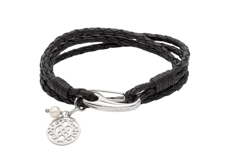 Unique & Co Ladies Black Leather Bracelet B362BL - Hamilton & Lewis Jewellery