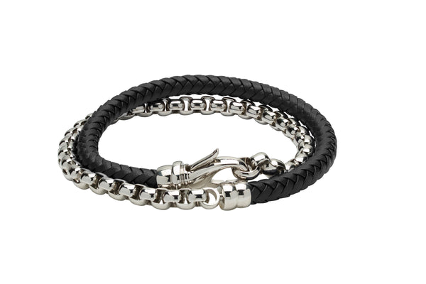 Unique & Co Black Leather and Steel Chain Bracelet B381BL - Hamilton & Lewis Jewellery