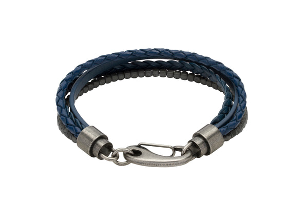 Unique & Co Gun Metal Blue Leather Bracelet B387BLUE - Hamilton & Lewis Jewellery