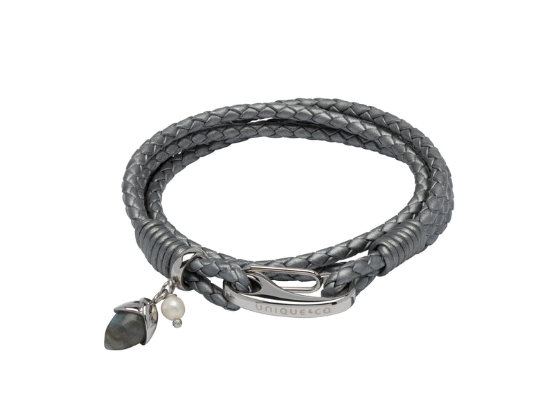 Unique & Co Ladies Silver Grey Leather Bracelet B407SG - Hamilton & Lewis Jewellery