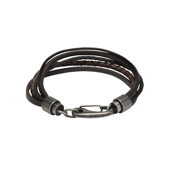 Unique & Co Black & Dark Brown Leather Bracelet B435BD - Hamilton & Lewis Jewellery